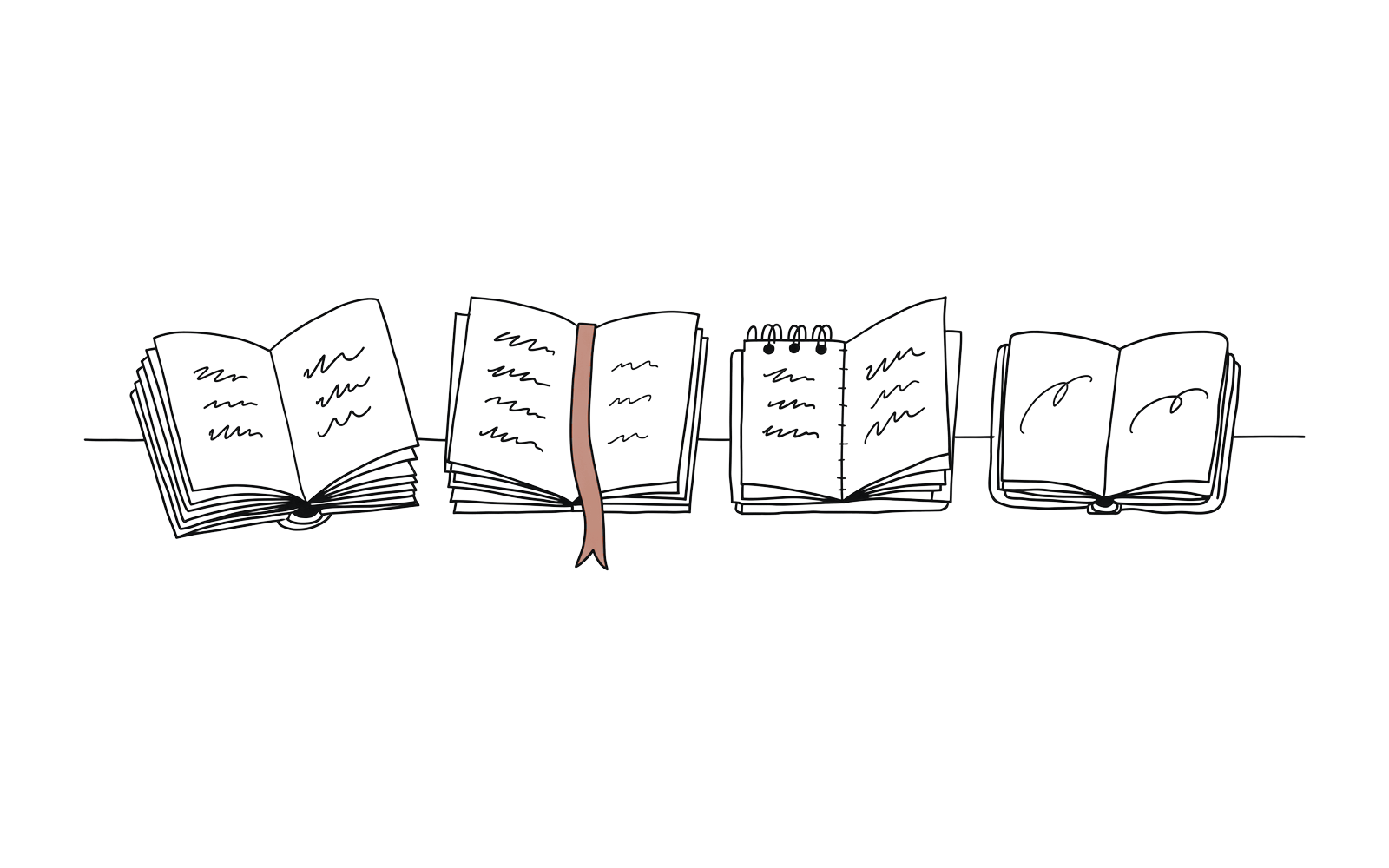 An ink drawing of four different notebooks in a row — a bound logbook, a legal pad, a spiral pad and a pocket notebook — one with a red ribbon bookmark