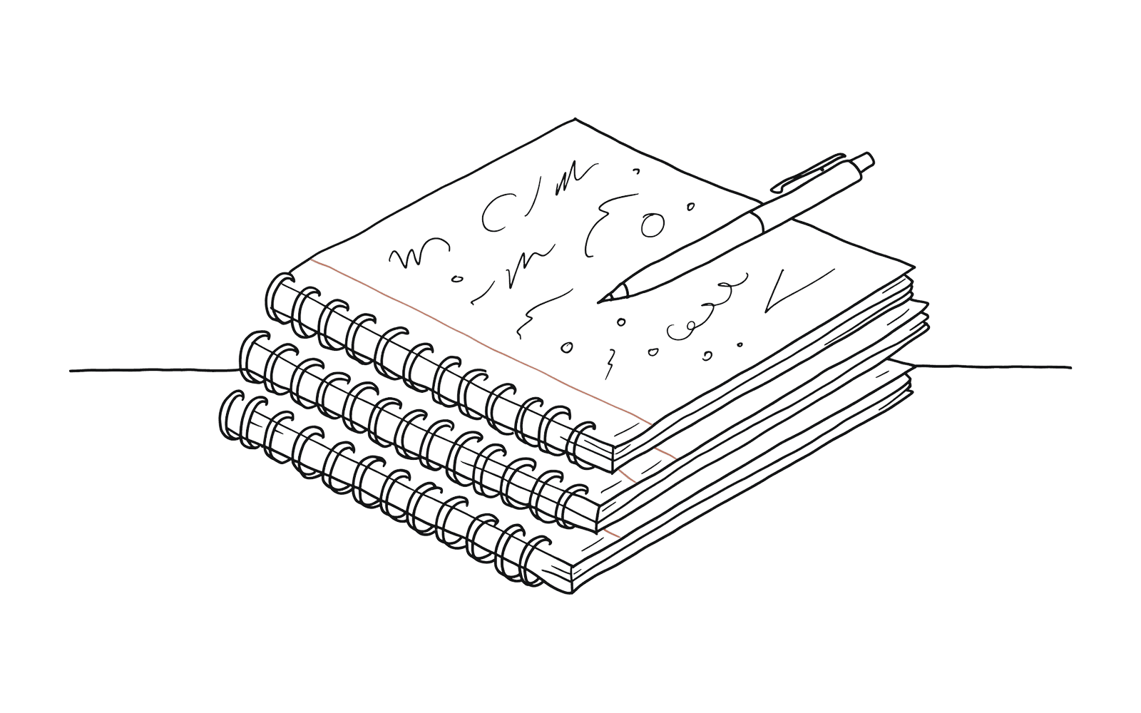 An ink drawing of a stack of legal pads, the top one open and covered in handwriting with a pen resting on it