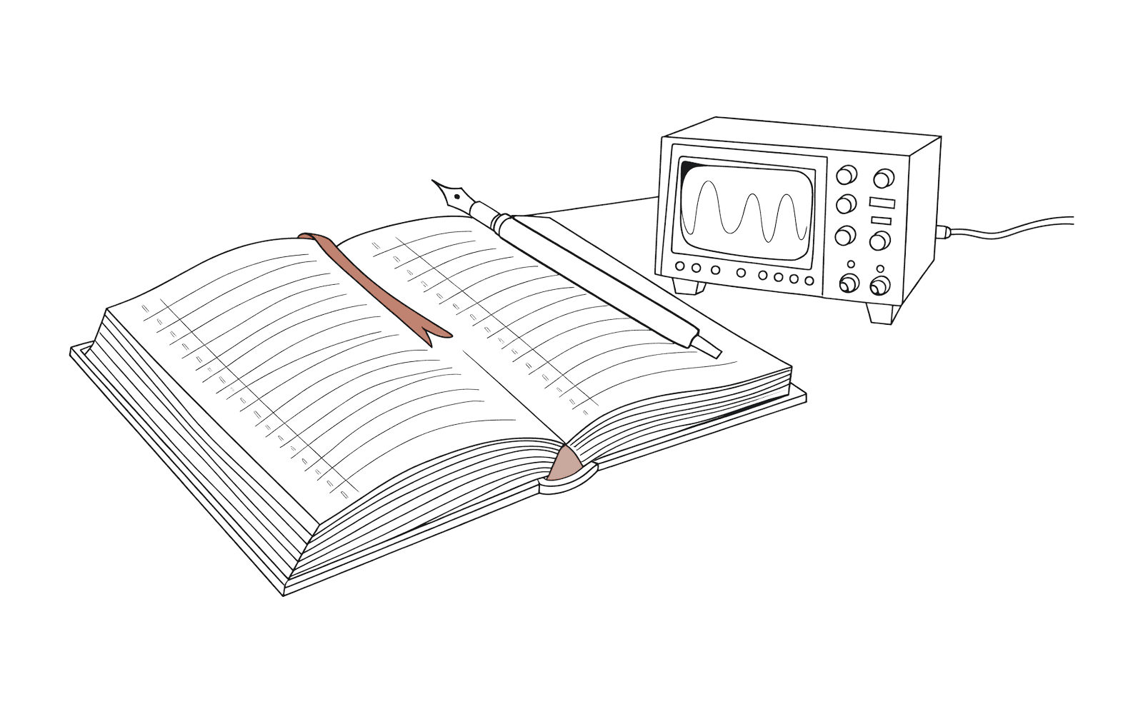 An ink drawing of a bound engineering logbook lying open with a fountain pen across it, a red ribbon bookmark in the gutter, and a benchtop oscilloscope beside it showing a waveform