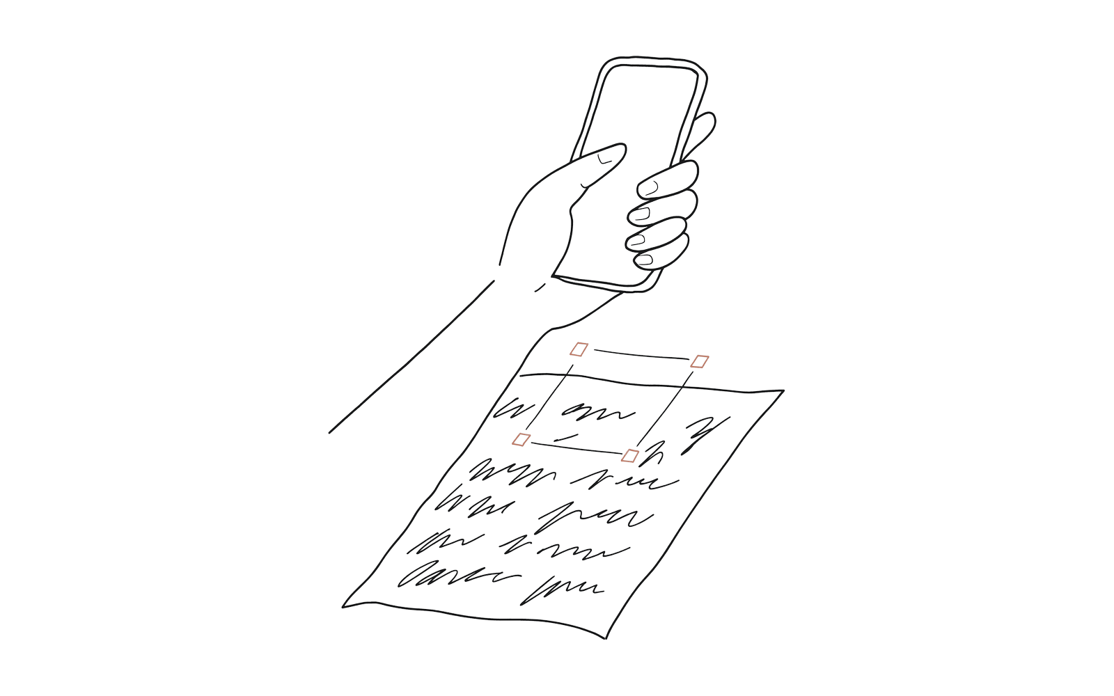 An ink drawing of a hand holding a phone above a handwritten notebook page, a small scanning frame outlined on the page below it