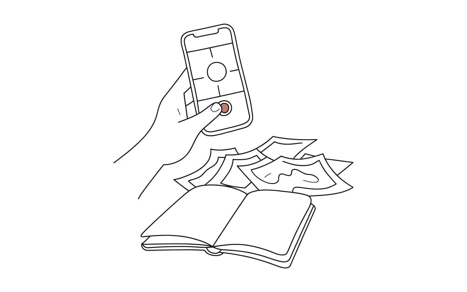 An ink drawing of a hand photographing an open notebook page with a phone, a loose pile of printed photographs spilling across the desk behind it